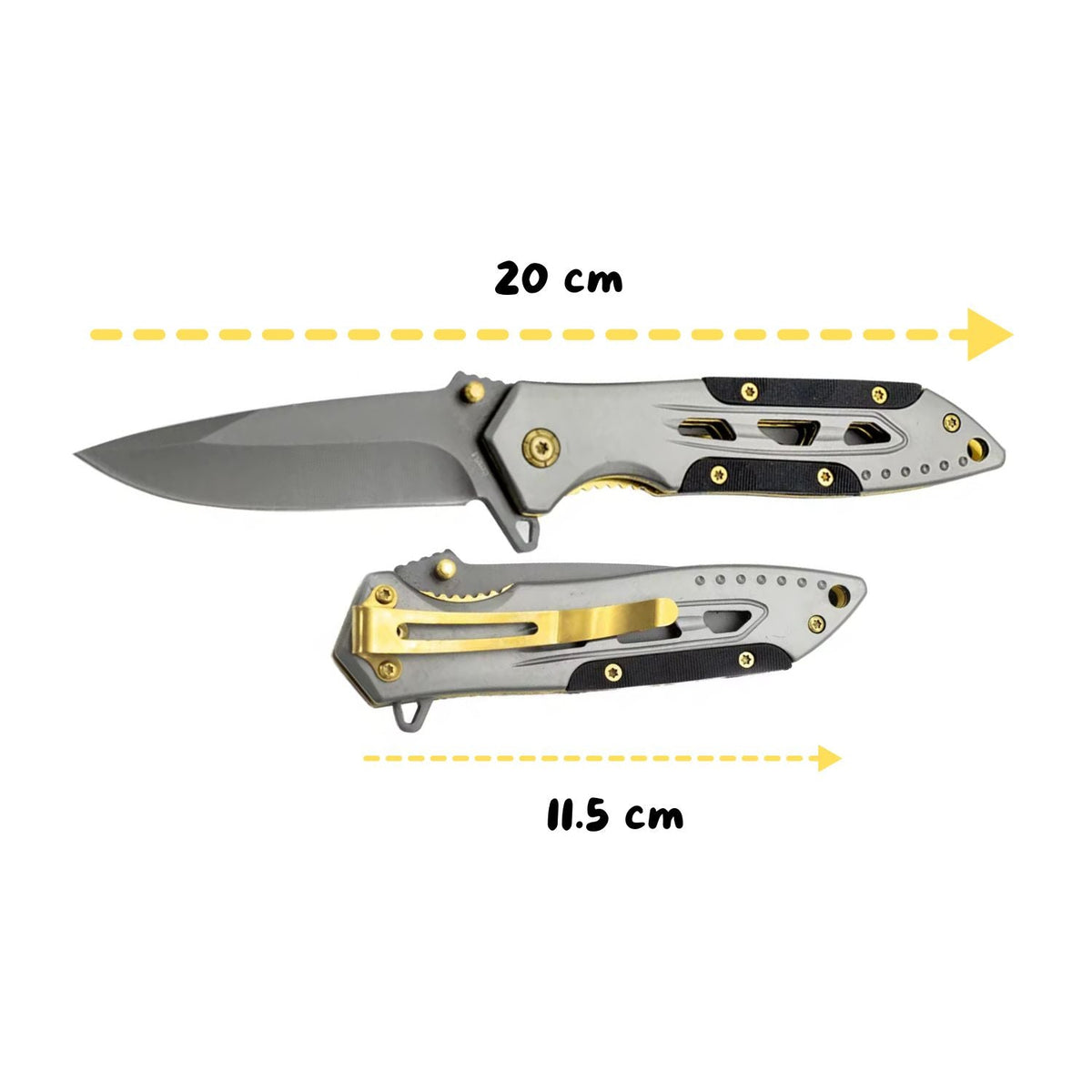 Navaja plegable de 20 cm con cuerpo metálico, detalles dorados y clip - foto 2