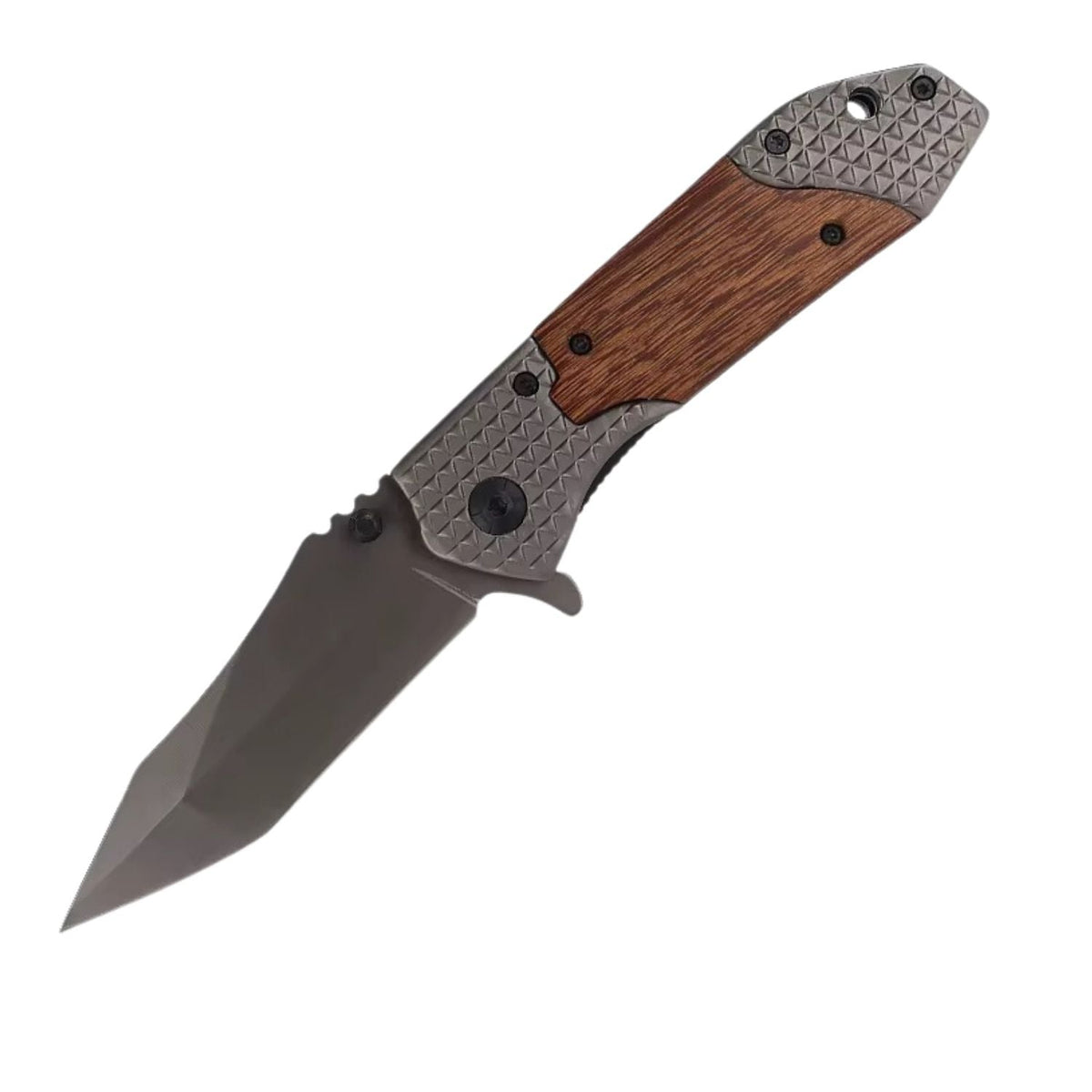 Navaja plegable de supervivencia con mango de madera y hoja inoxidable