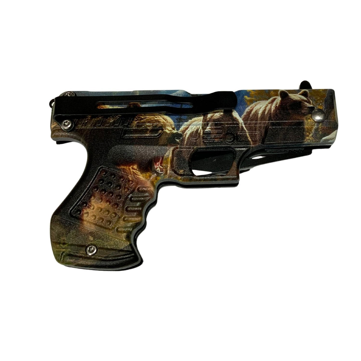 Navaja plegable estilo pistola con arte de oso y clip de bolsillo