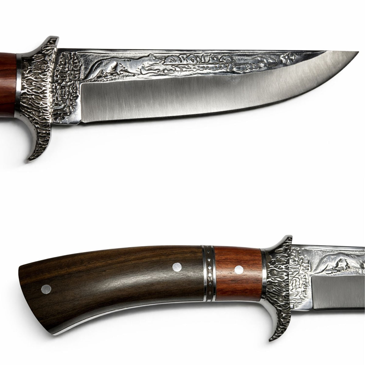 Cuchillo Bowie grabado de hoja fija con guarda metálica y funda - foto 2