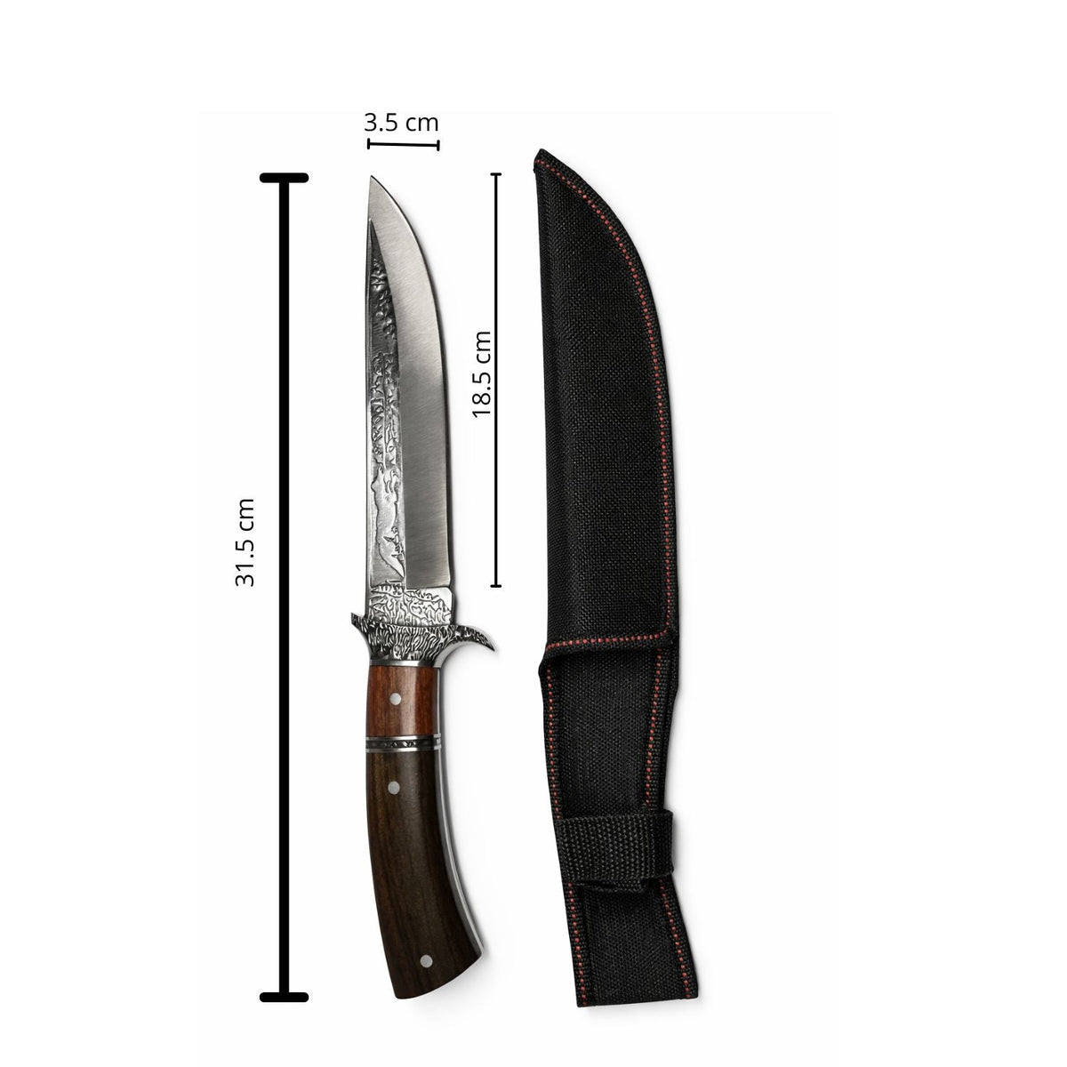 Cuchillo Bowie grabado de hoja fija con guarda metálica y funda - foto 3