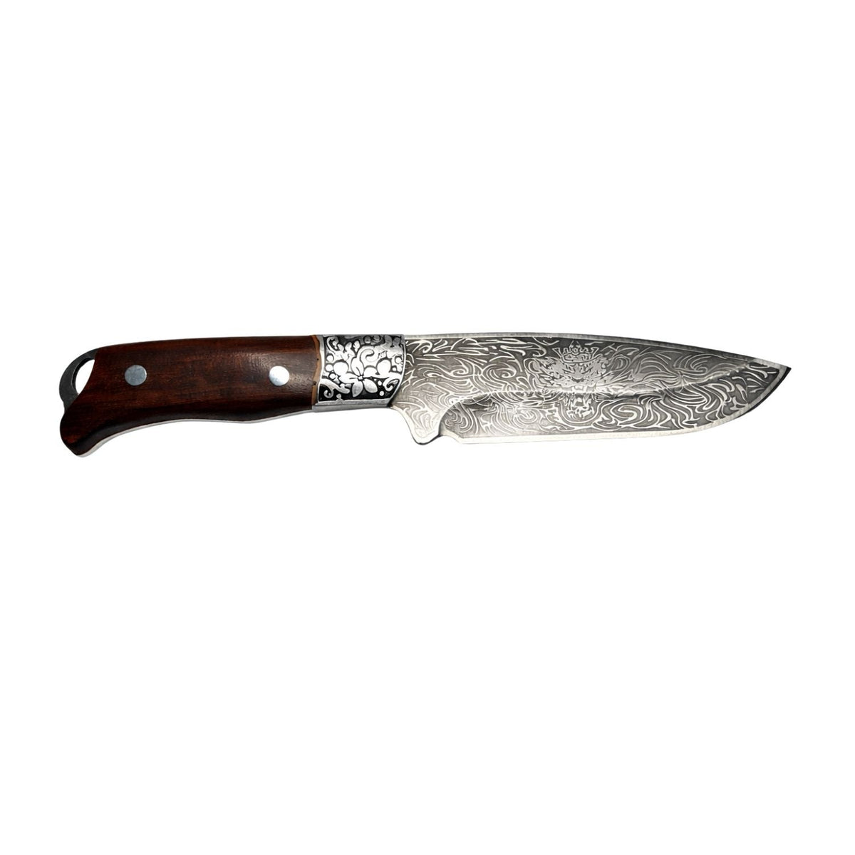 Cuchillo de hoja fija con hoja grabada, mango de madera y funda, 27 cm