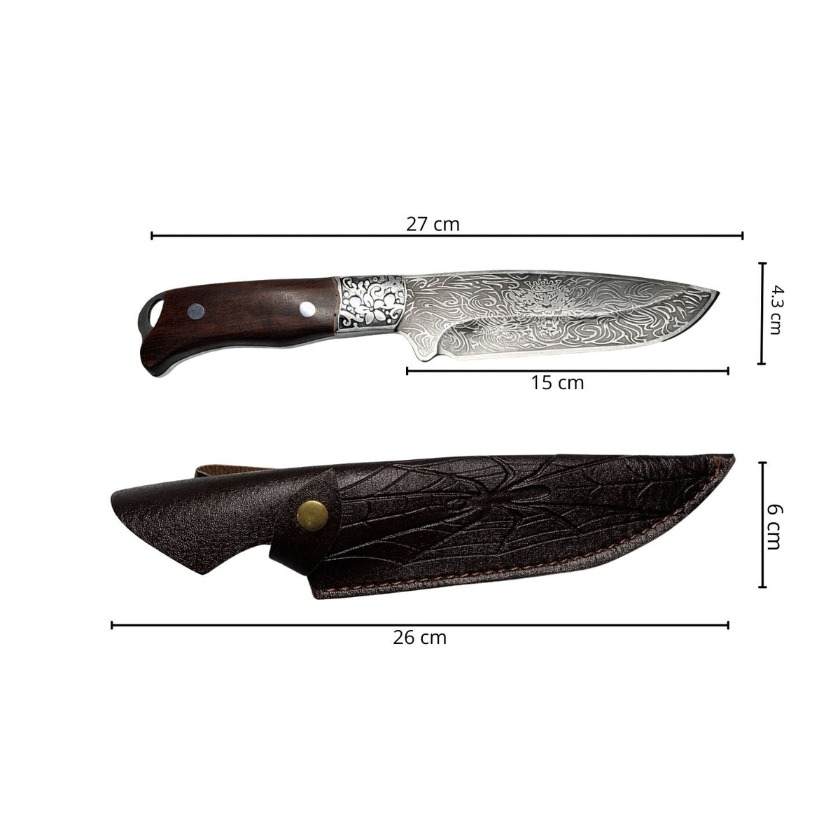 Cuchillo de hoja fija con hoja grabada, mango de madera y funda, 27 cm - foto 3