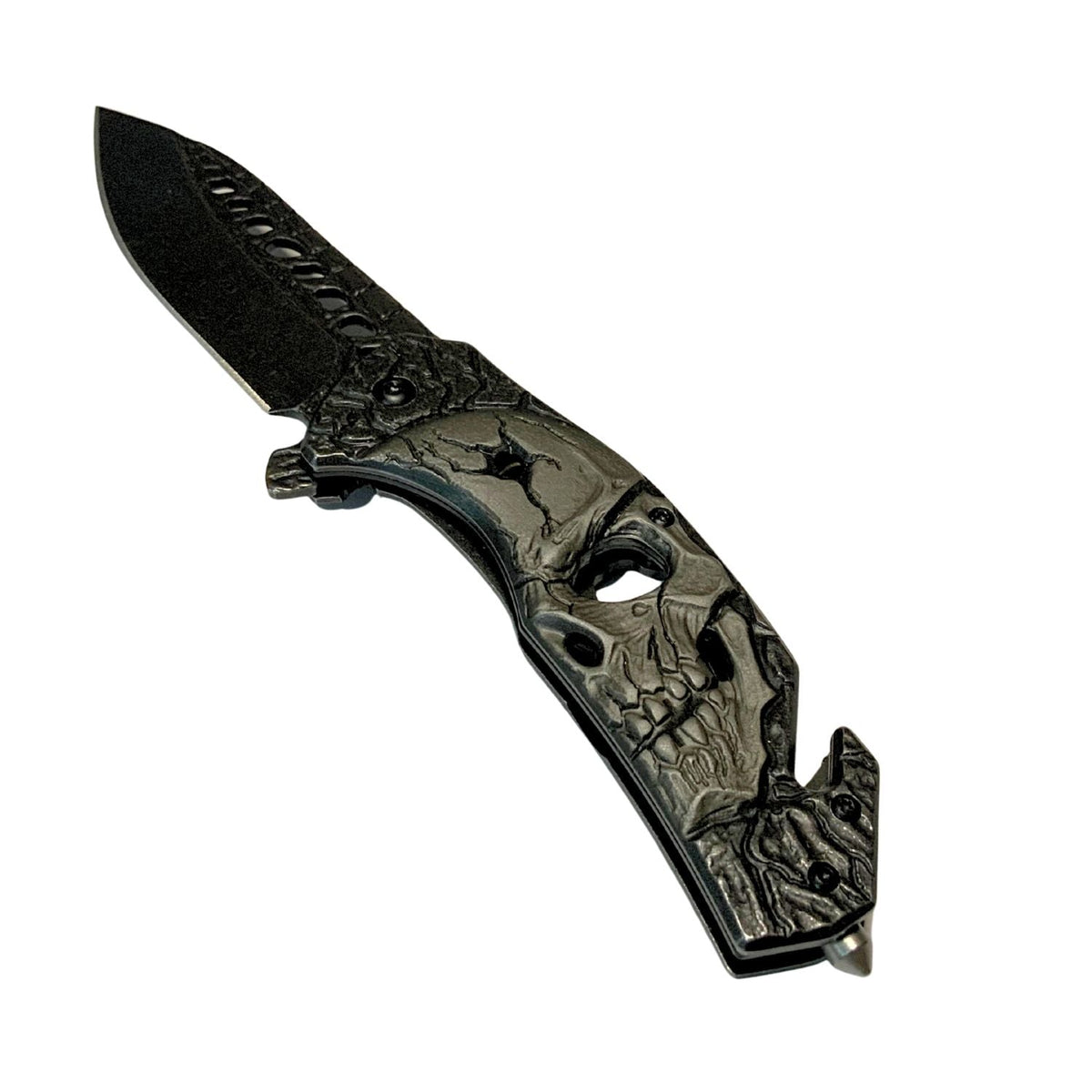 Navaja táctica con calavera en relieve, rompevidrios y corta soga