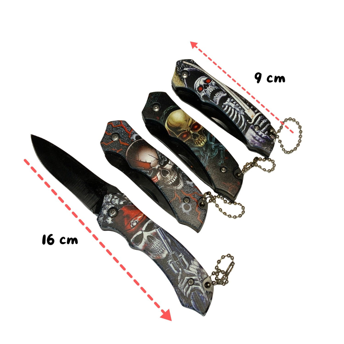 Set de 4 mini navajas plegables con calaveras 3D surtidas, 16 cm - foto 3