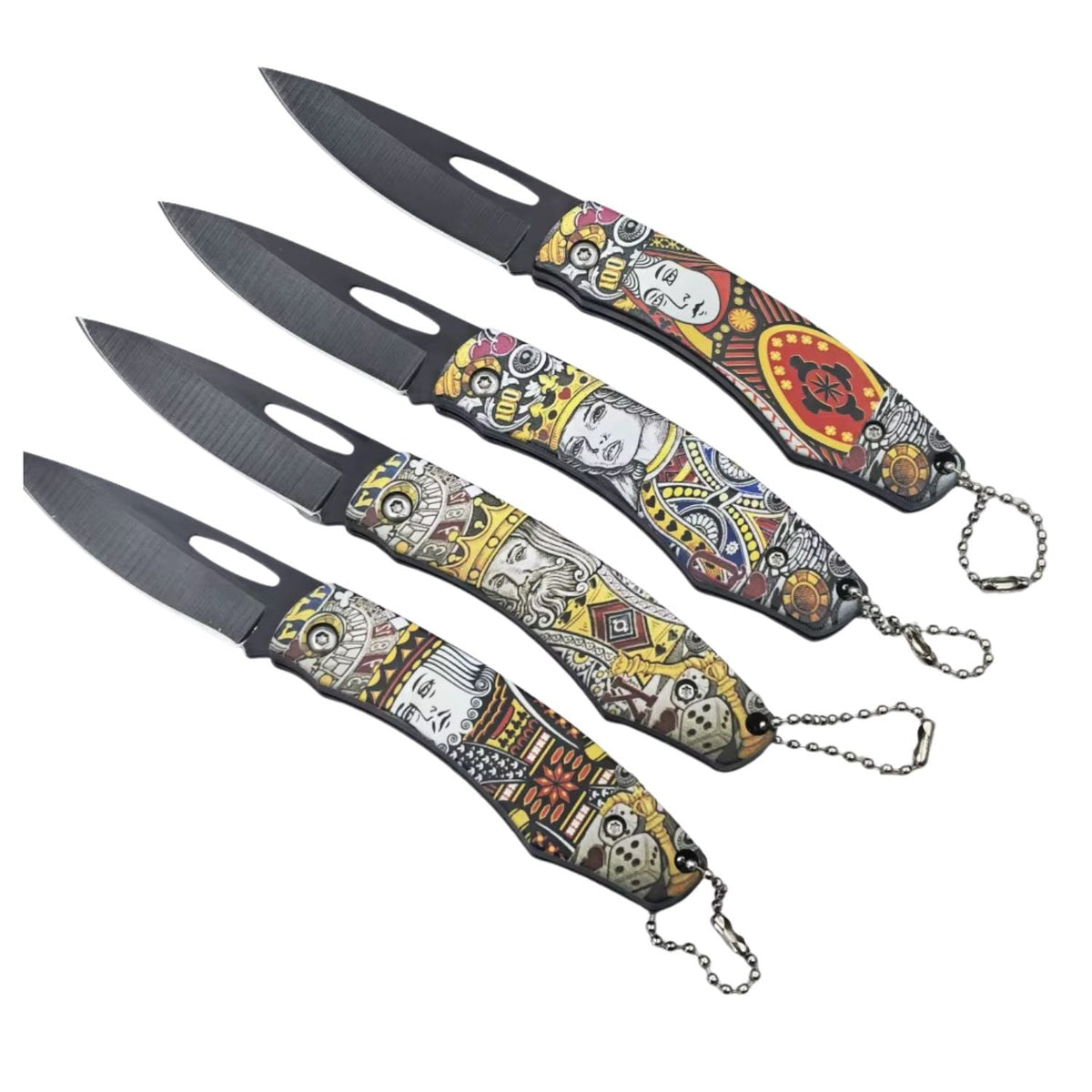 Set de 4 mini navajas plegables tipo bochen con orificio para llavero