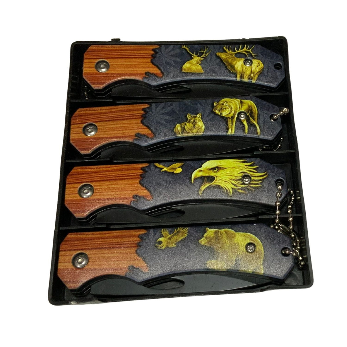 Set de 4 mini navajas plegables con mango de madera y fauna grabada