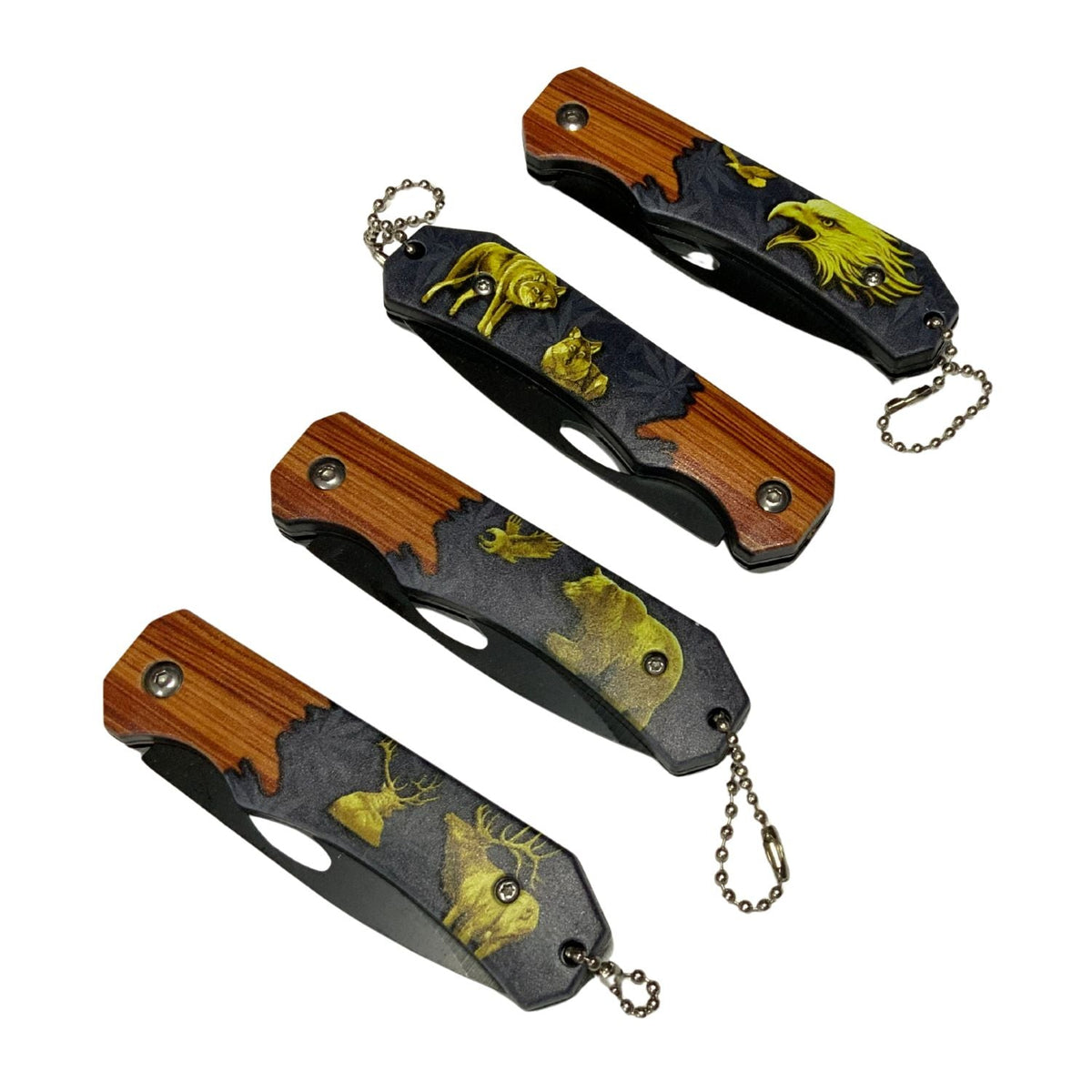 Set de 4 mini navajas plegables con mango de madera y fauna grabada - foto 2