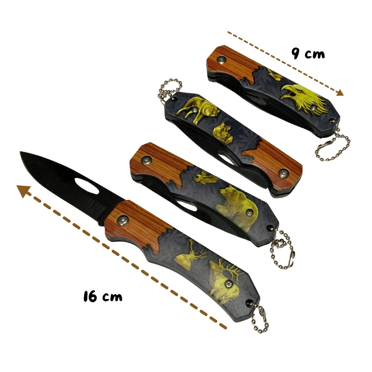 Set de 4 mini navajas plegables con mango de madera y fauna grabada - foto 3
