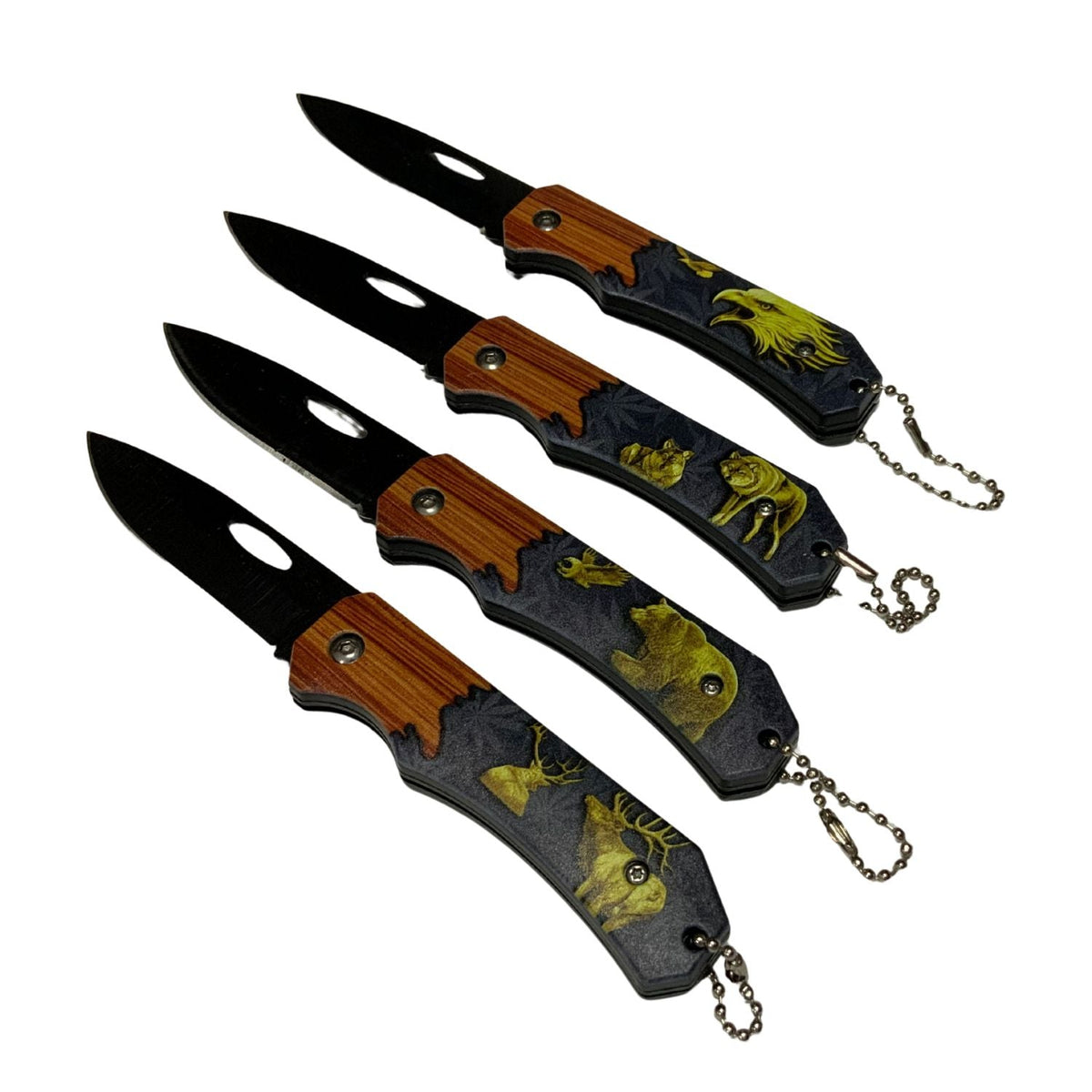 Set de 4 mini navajas plegables con mango de madera y fauna grabada - foto 4