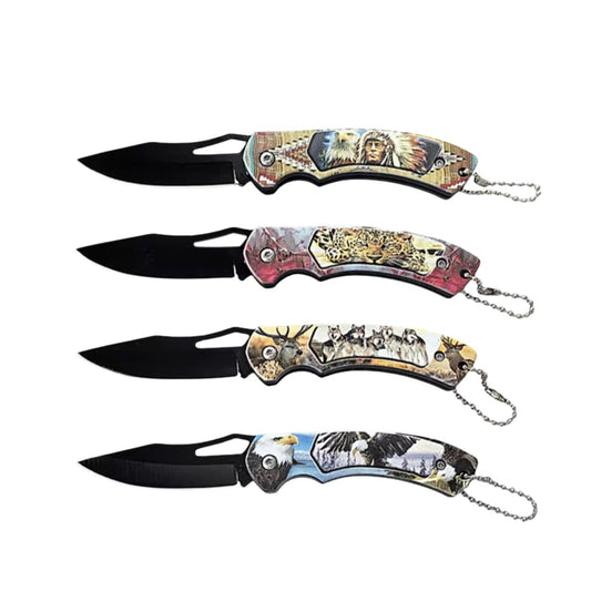 Set de 4 mini navajas plegables con lobos, tigres, águilas y motivos nativos