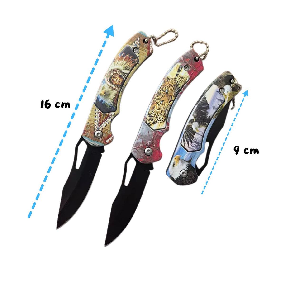 Set de 4 mini navajas plegables con lobos, tigres, águilas y motivos nativos - foto 3