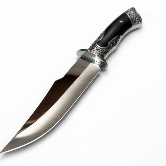 Cuchillo Bowie de acero pulido espejo con mango grabado y funda, 32 cm