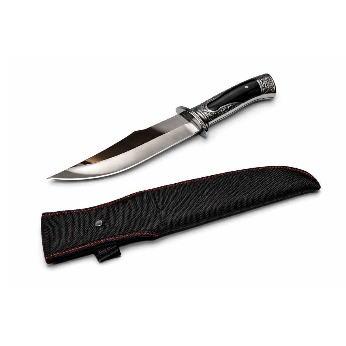 Cuchillo Bowie de acero pulido espejo con mango grabado y funda, 32 cm - foto 2