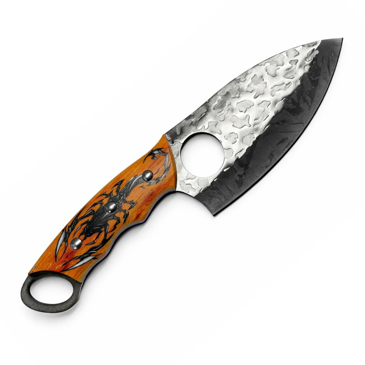Cuchillo de hoja ancha con mango de madera grabado de escorpión y funda