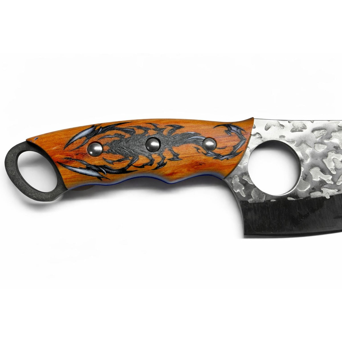 Cuchillo de hoja ancha con mango de madera grabado de escorpión y funda - foto 2