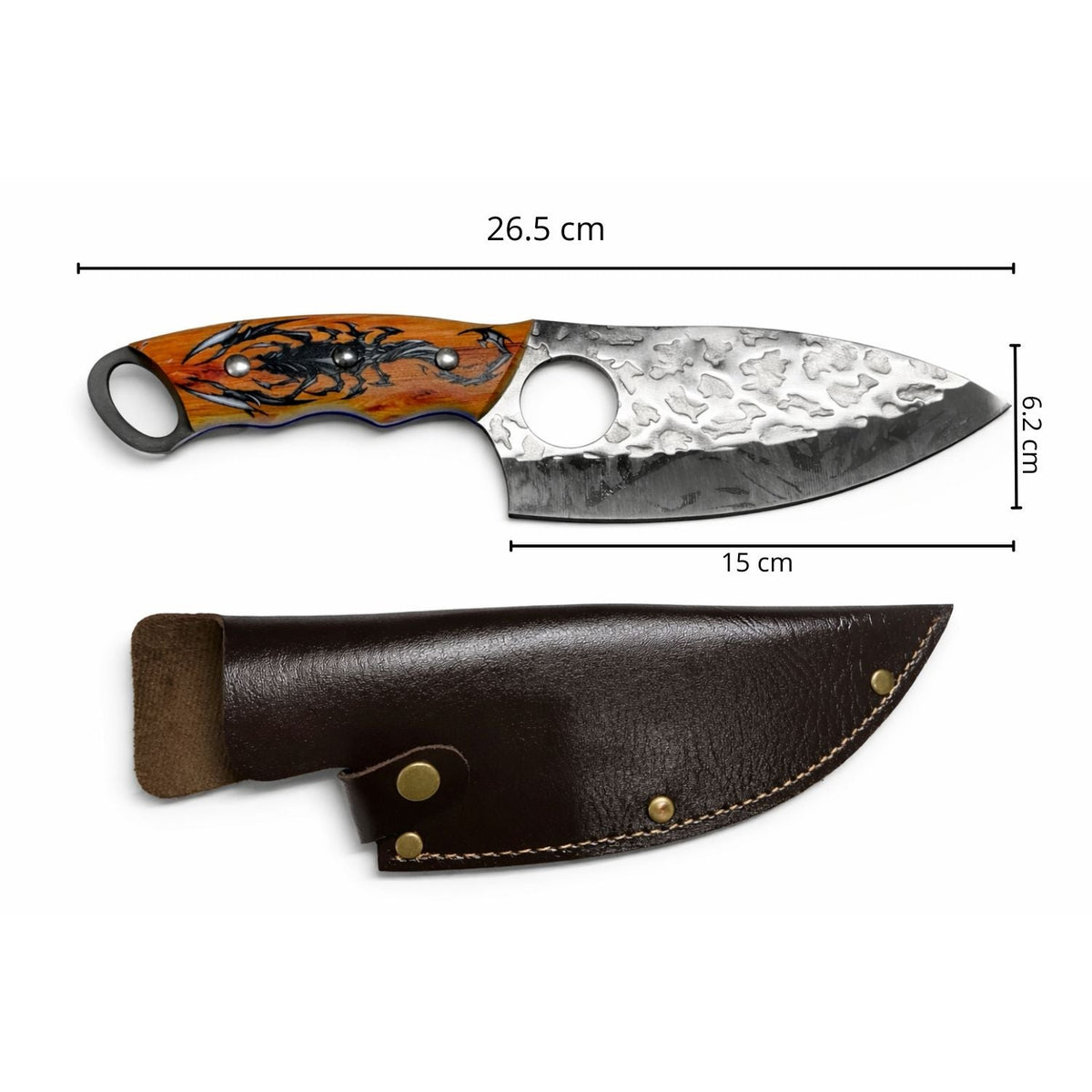 Cuchillo de hoja ancha con mango de madera grabado de escorpión y funda - foto 4