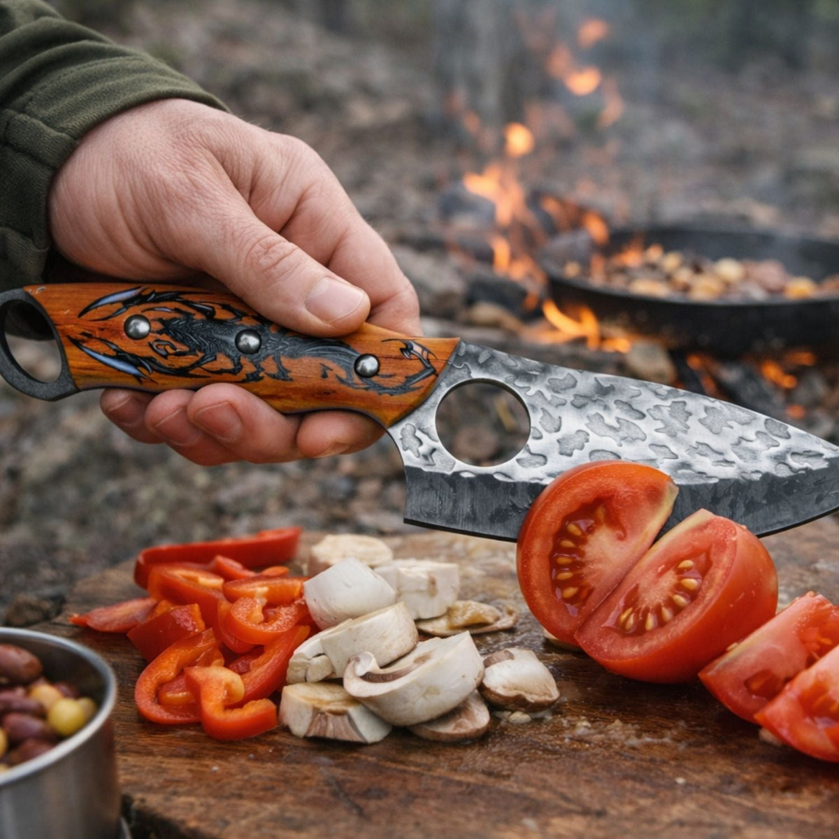 Cuchillo de hoja ancha con mango de madera grabado de escorpión y funda - foto 5