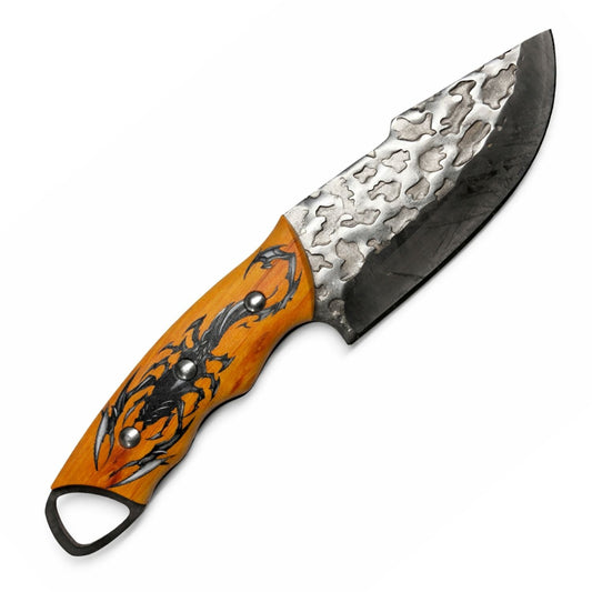 Cuchillo artesanal de hoja fija con mango de madera grabado y funda