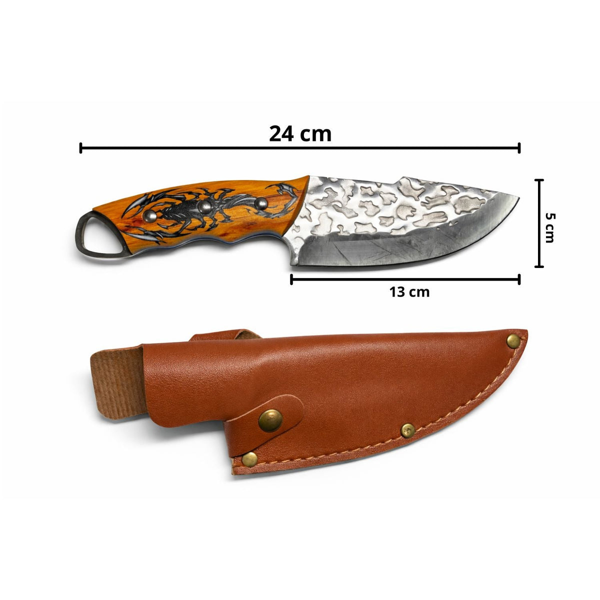 Cuchillo artesanal de hoja fija con mango de madera grabado y funda - foto 3