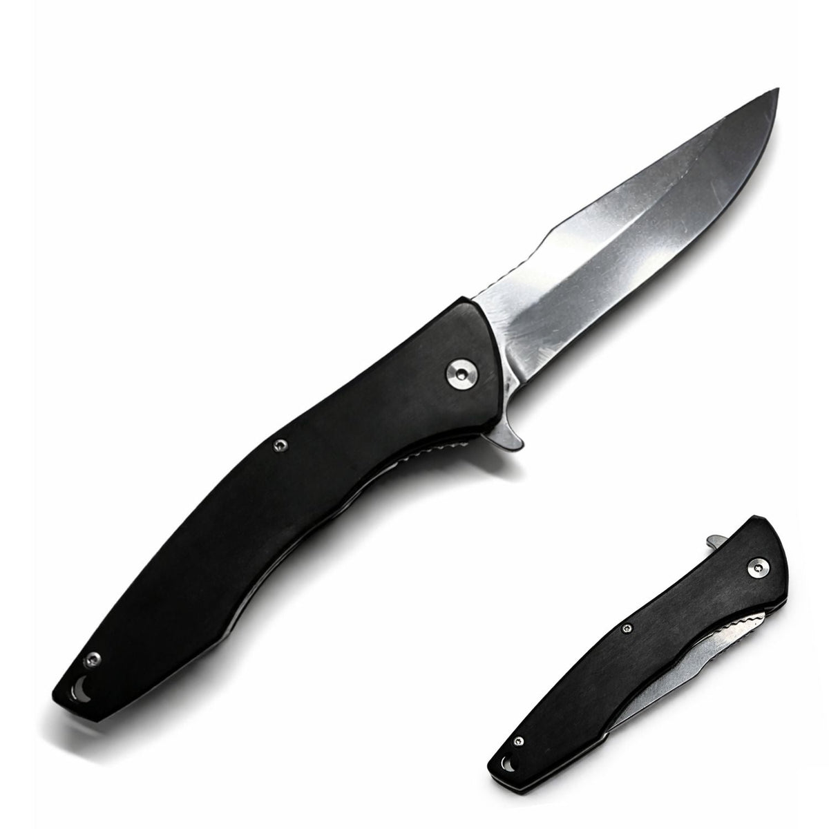 Navaja táctica plegable negra de acero inoxidable con funda y apertura rápida