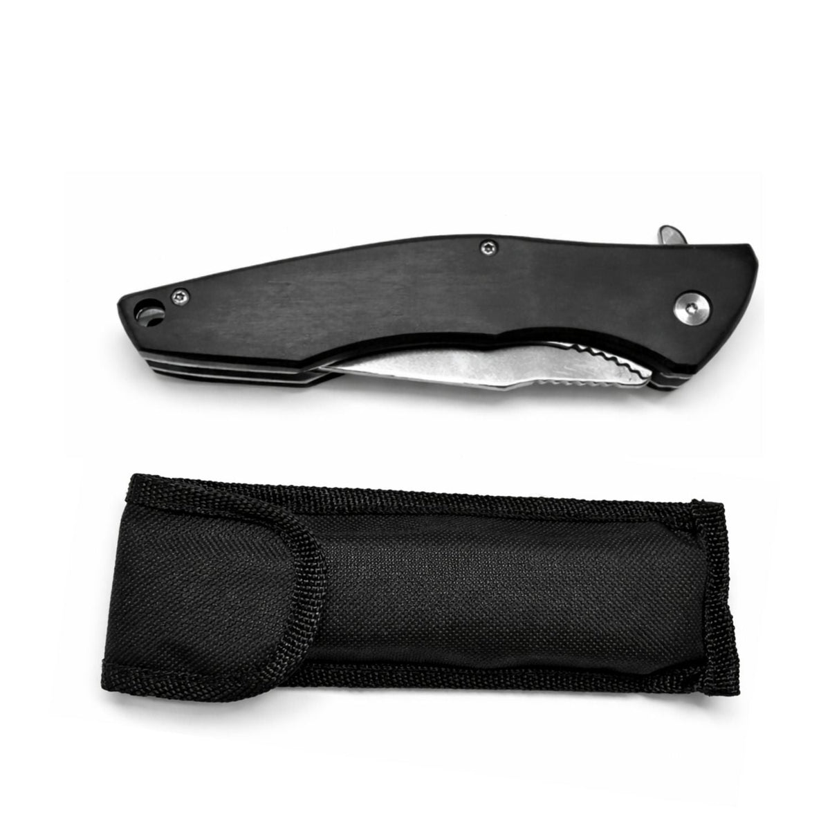 Navaja táctica plegable negra de acero inoxidable con funda y apertura rápida - foto 2