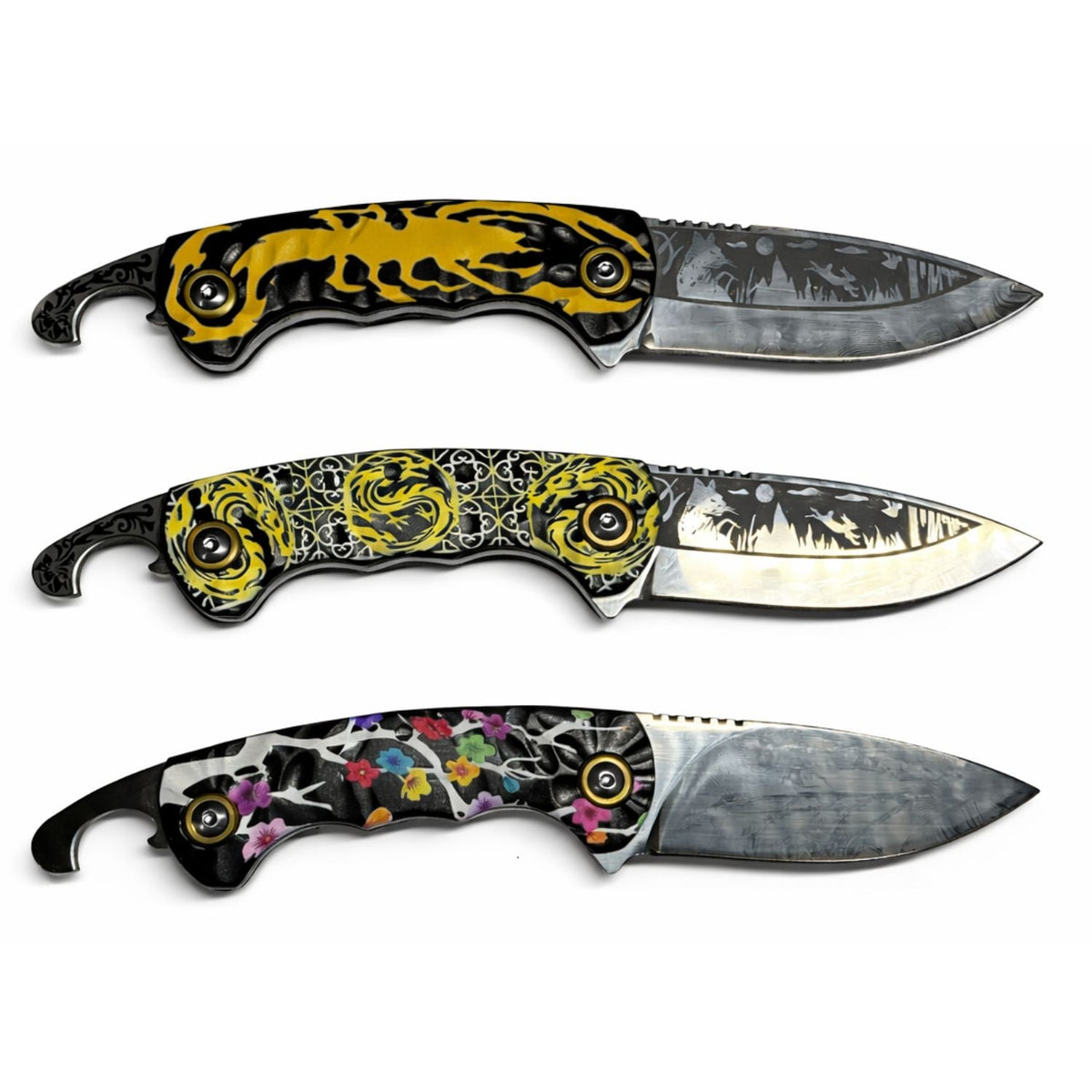 Cuchillo de hoja fija con rompevidrio y cortacinturón, funda incluida