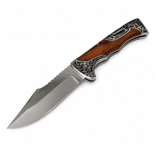 Navaja plegable punta clip point con mango tipo madera y bloqueo (JF936)