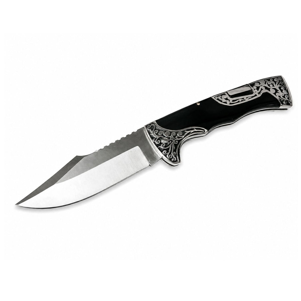 Navaja plegable de acero inoxidable con seguro y clip, mango grabado (JF937)