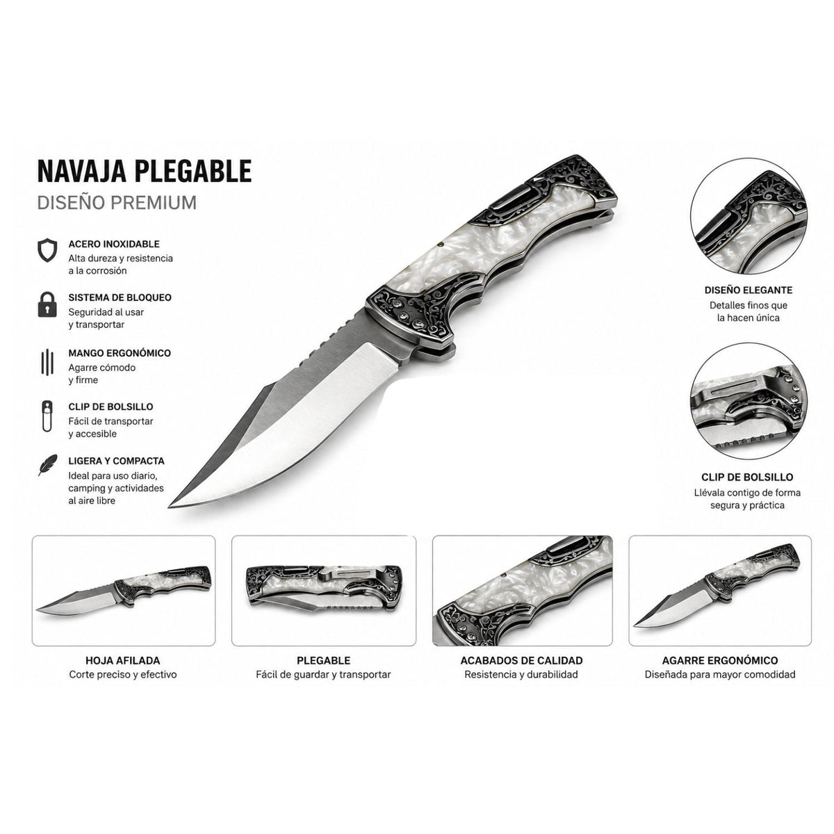 Navaja plegable con mango tipo nácar, hoja inox y clip de bolsillo (JF938) - foto 4
