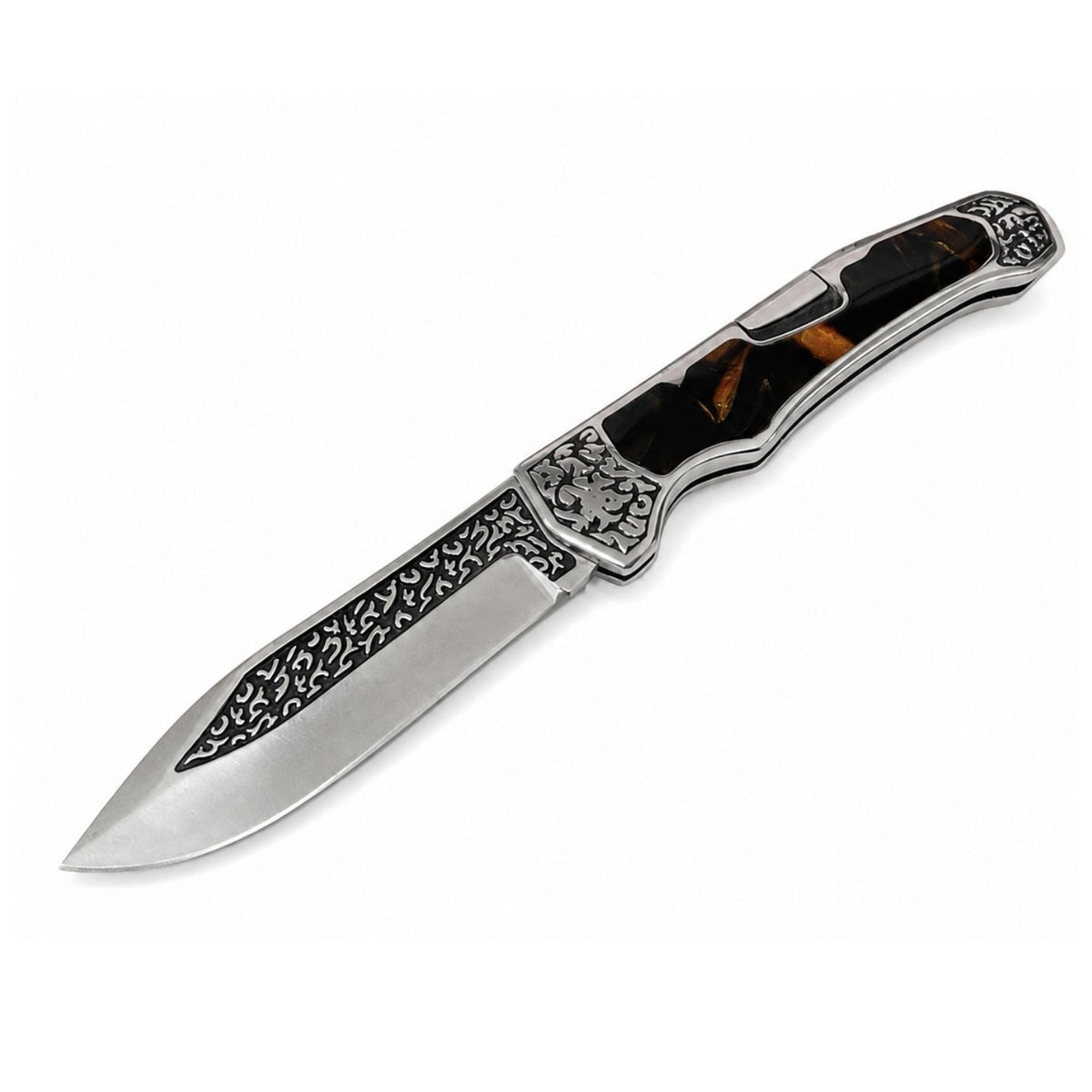 Navaja plegable con mango decorado, botón de cierre y clip, 24 cm (JF940)
