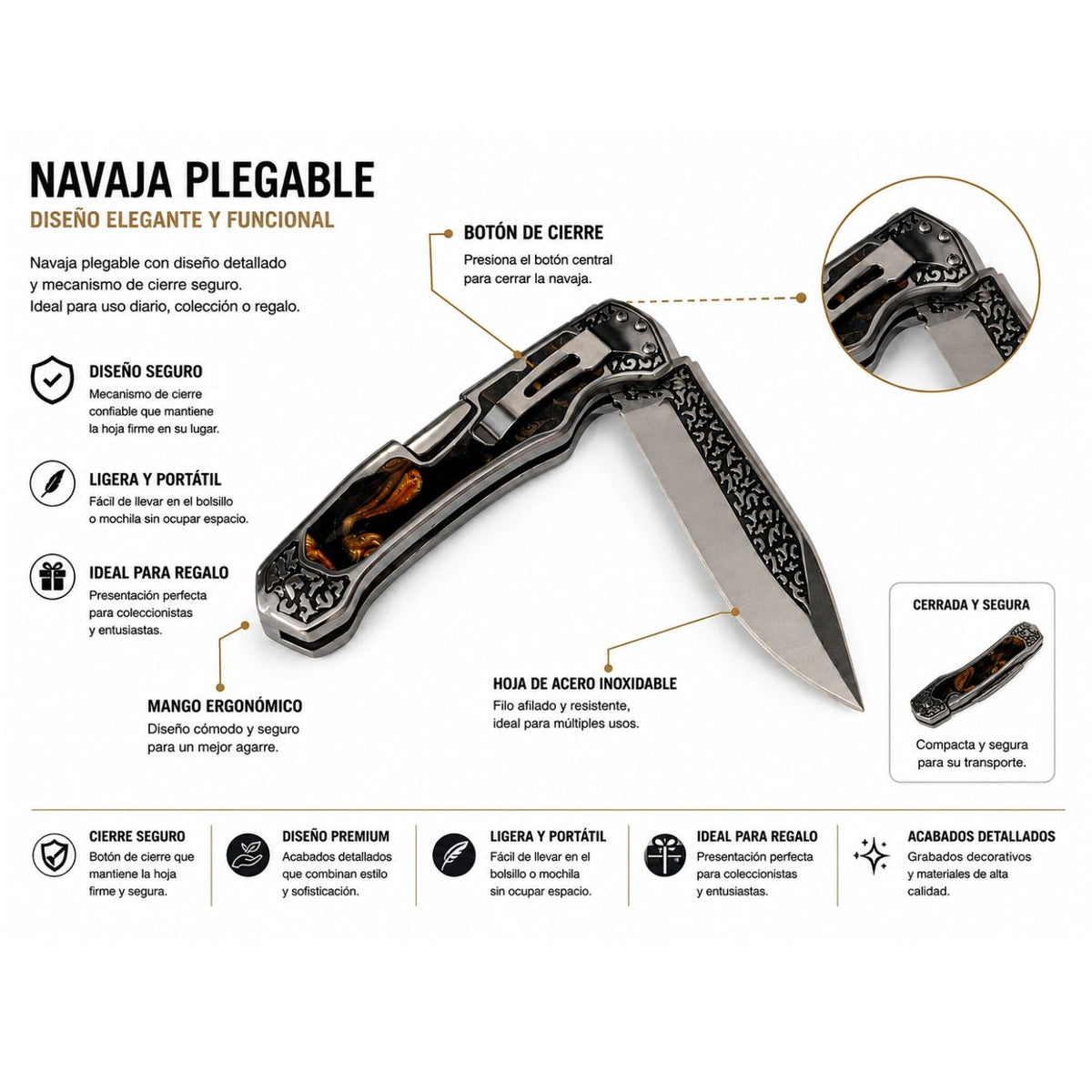 Navaja plegable con mango decorado, botón de cierre y clip, 24 cm (JF940) - foto 2