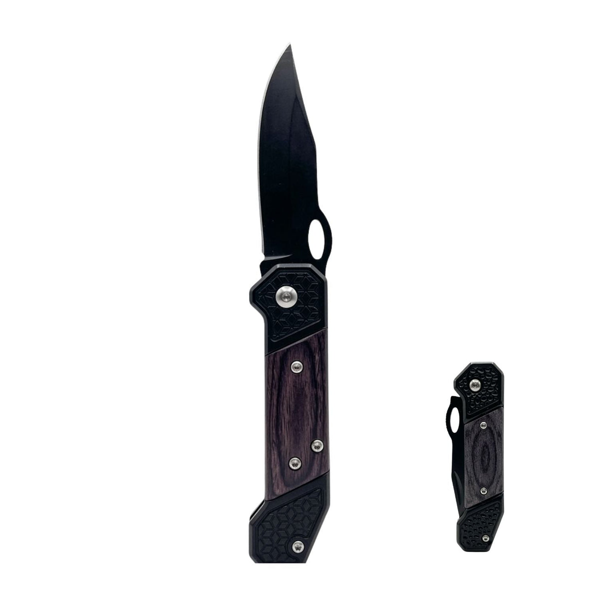Navaja plegable compacta con hoja negra, mango estilo madera y clip