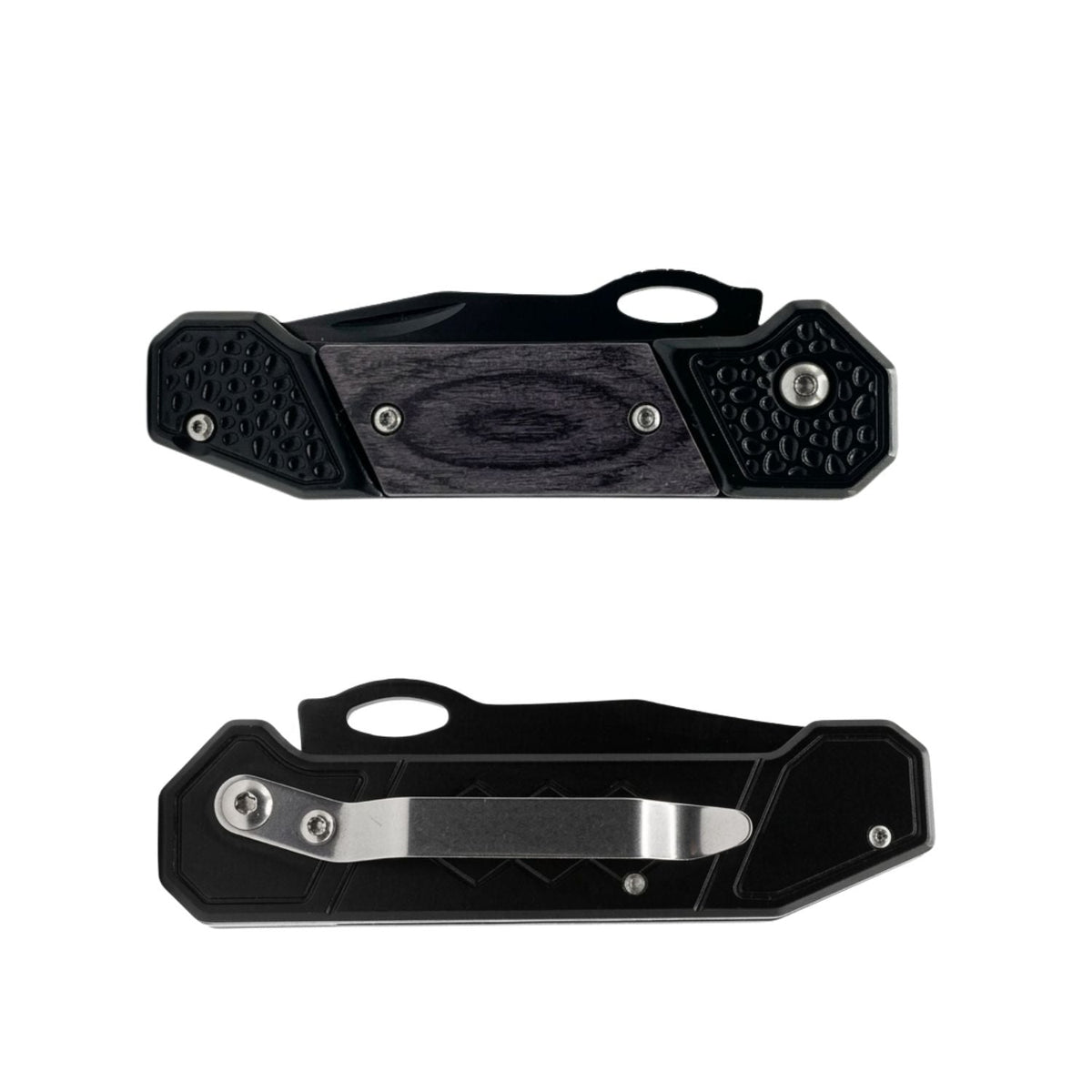 Navaja plegable compacta con hoja negra, mango estilo madera y clip - foto 2