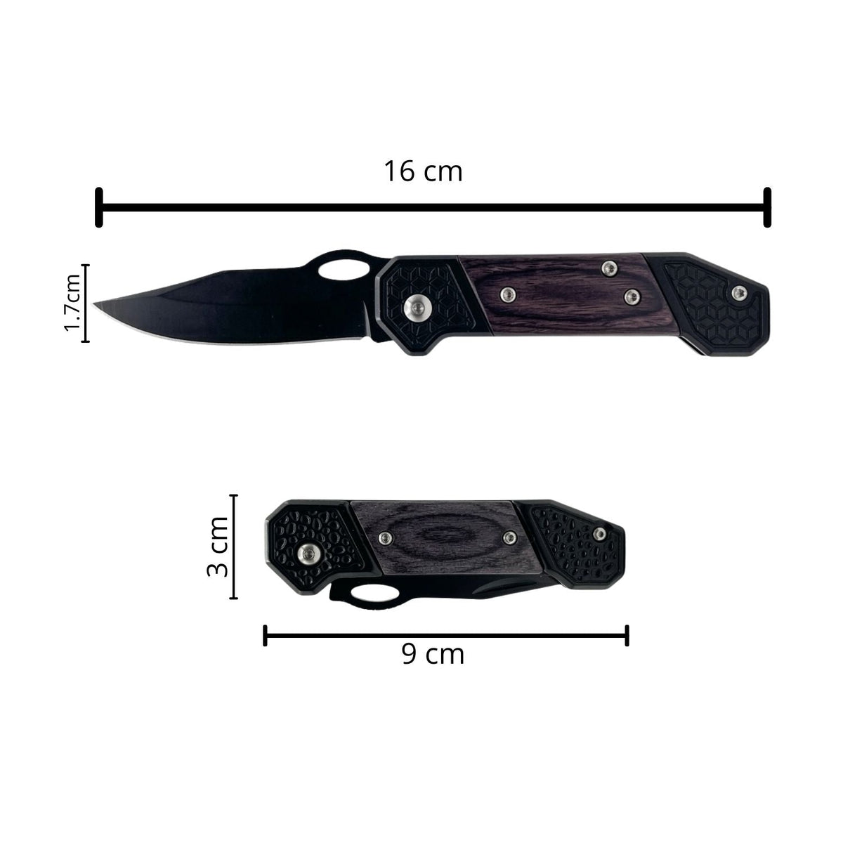 Navaja plegable compacta con hoja negra, mango estilo madera y clip - foto 3