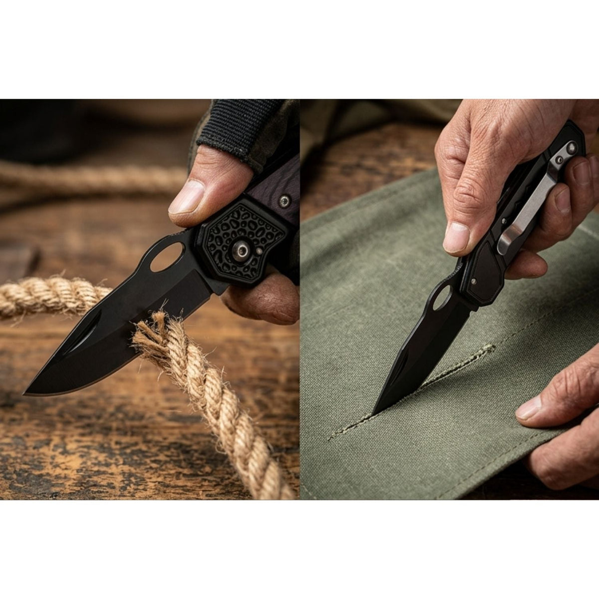 Navaja plegable compacta con hoja negra, mango estilo madera y clip - foto 4