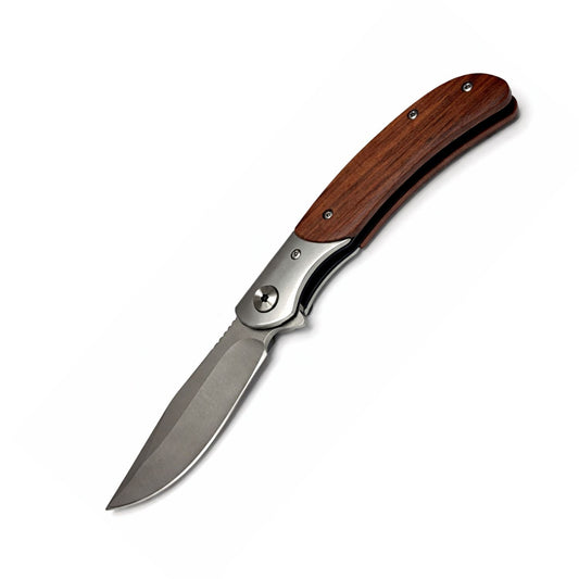 Navaja plegable con mango tipo madera y clip, 21 cm abierta, acero inoxidable