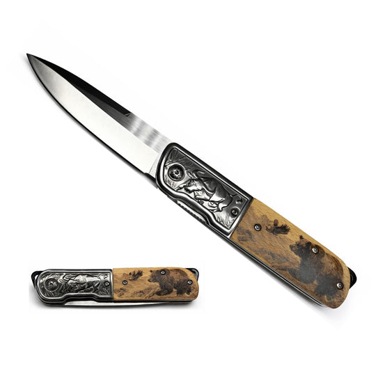 Navaja plegable con mango tipo madera grabado de oso y hoja inoxidable