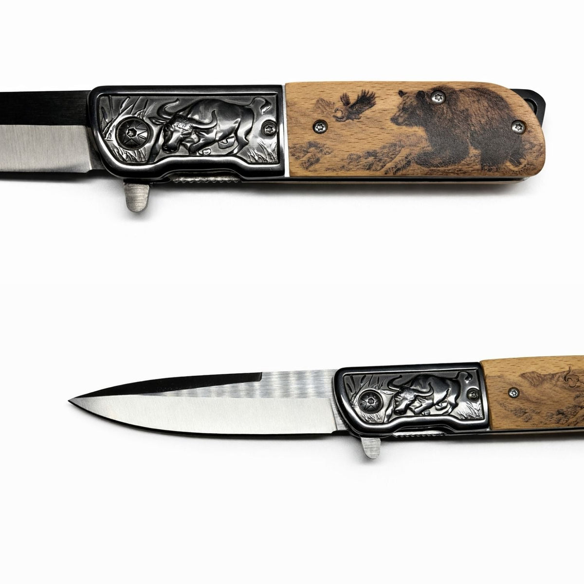 Navaja plegable con mango tipo madera grabado de oso y hoja inoxidable - foto 3
