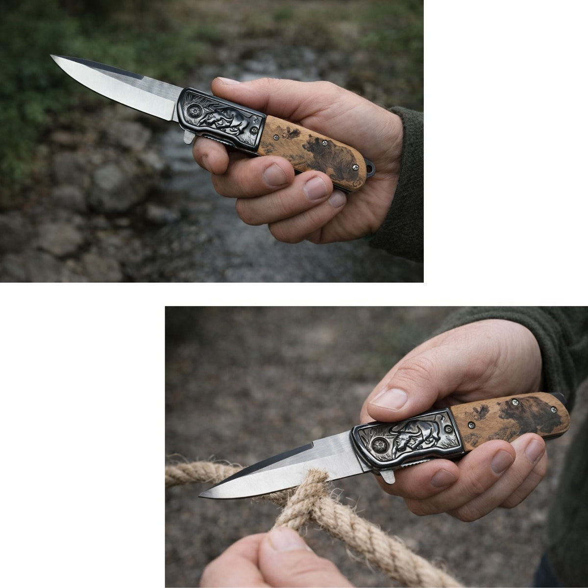 Navaja plegable con mango tipo madera grabado de oso y hoja inoxidable - foto 5