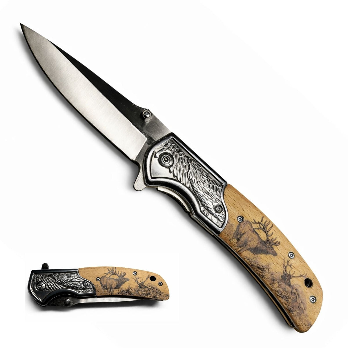 Navaja plegable con grabado de águila y mango tipo madera con venado