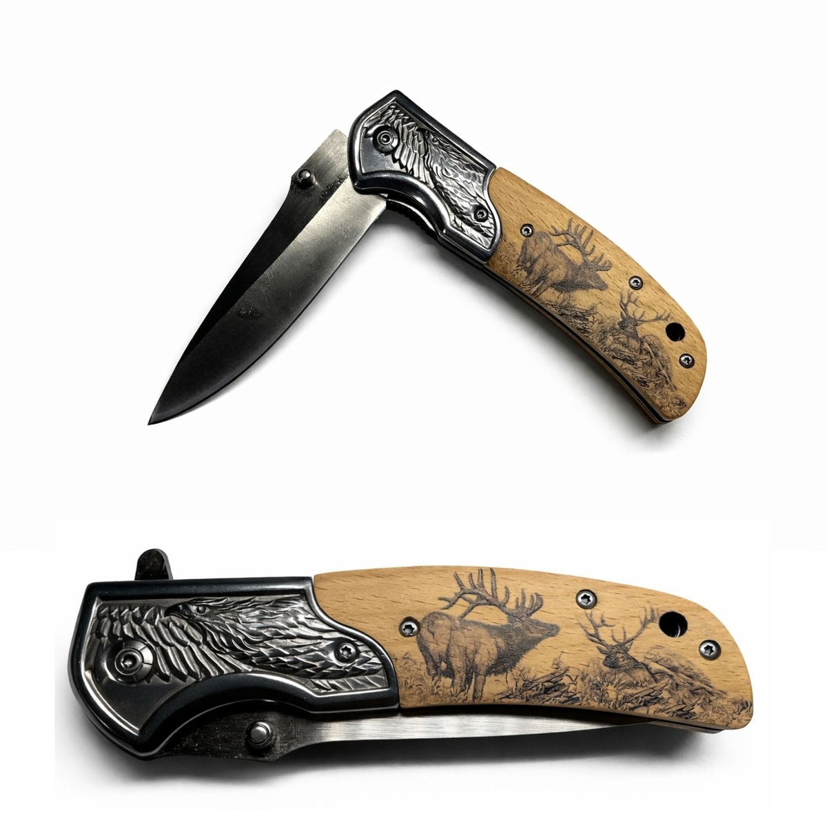 Navaja plegable con grabado de águila y mango tipo madera con venado - foto 2