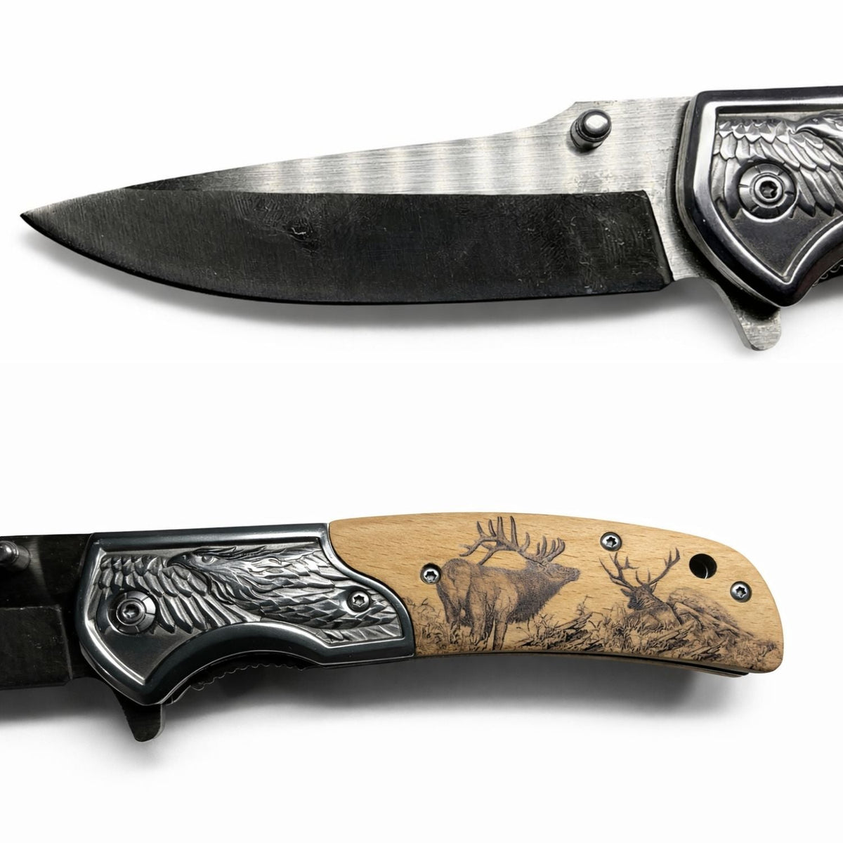 Navaja plegable con grabado de águila y mango tipo madera con venado - foto 3