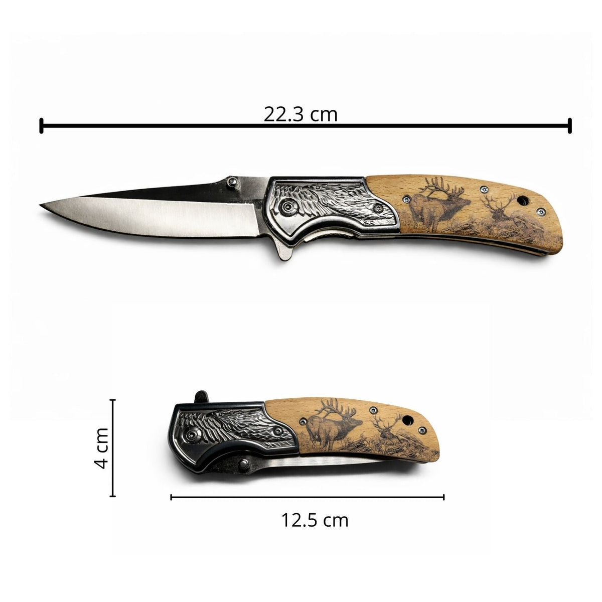 Navaja plegable con grabado de águila y mango tipo madera con venado - foto 4
