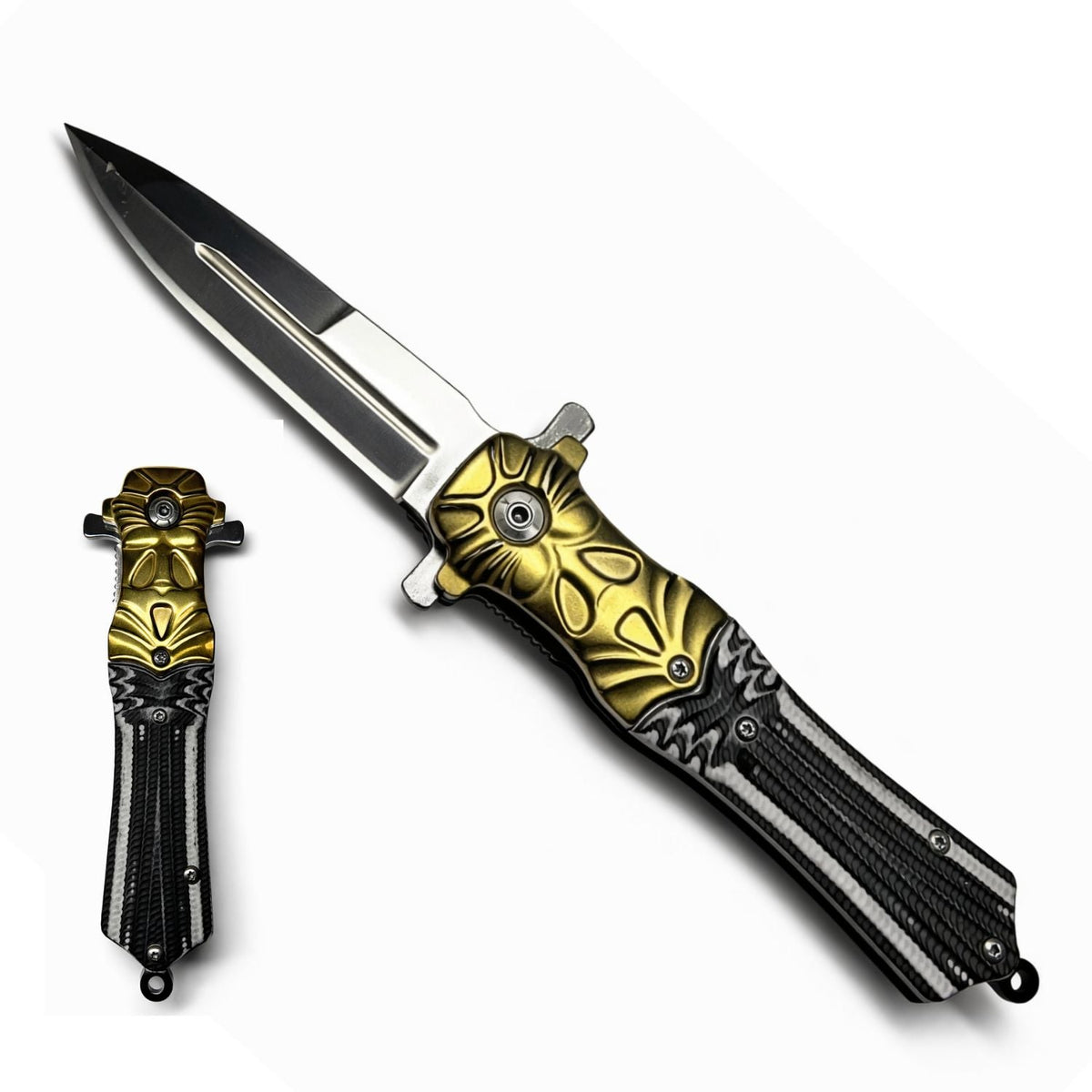 Navaja plegable negro y dorado con apertura rápida, 22.2 cm abierta