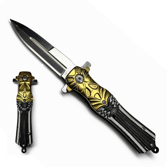 Navaja plegable negro y dorado con apertura rápida, 22.2 cm abierta