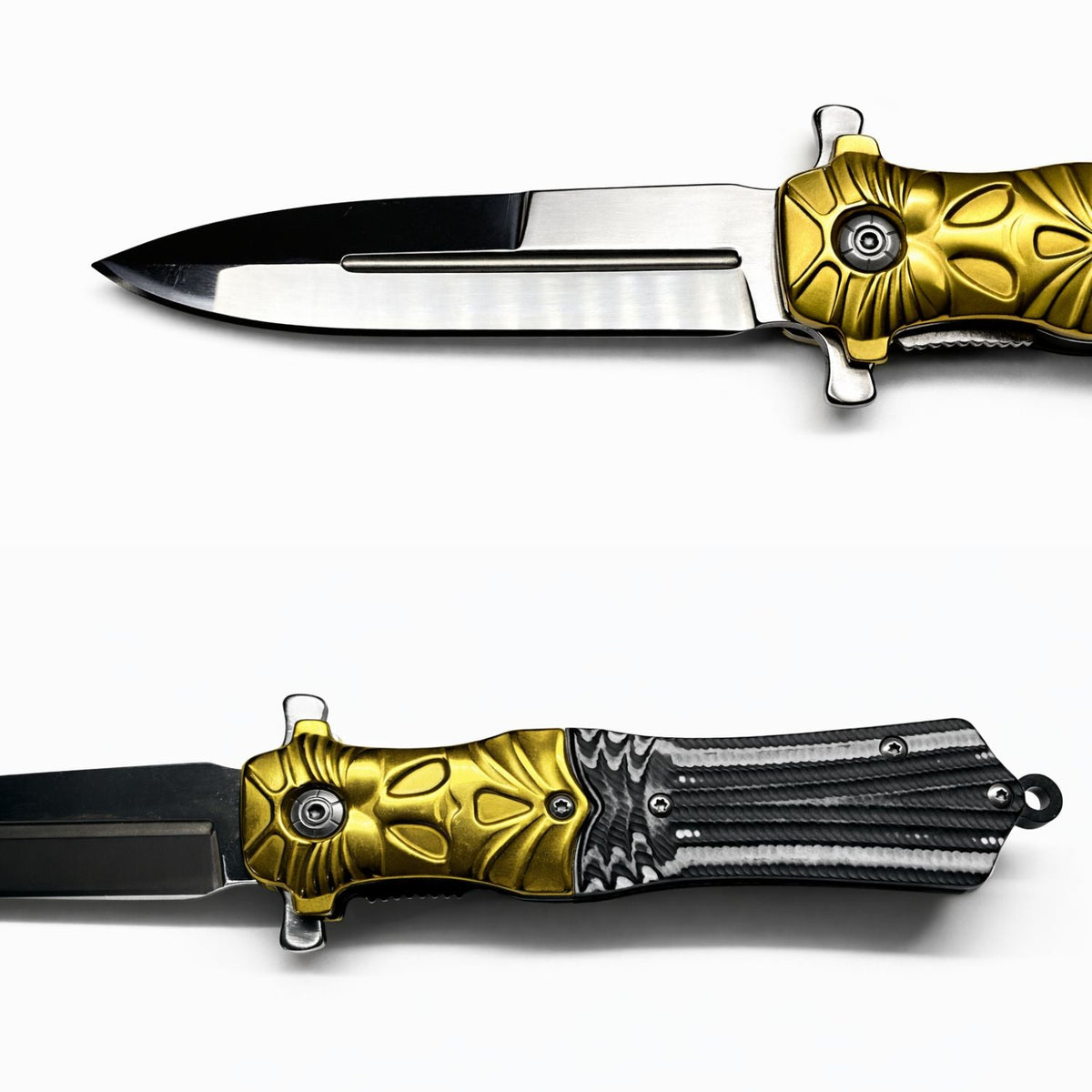 Navaja plegable negro y dorado con apertura rápida, 22.2 cm abierta - foto 3