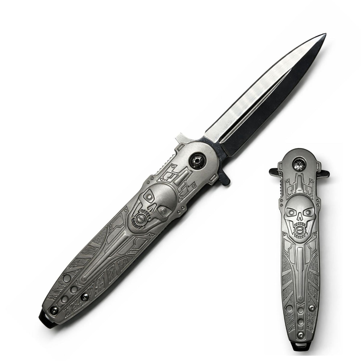 Navaja metálica plegable con diseño de calavera, clip y bloqueo