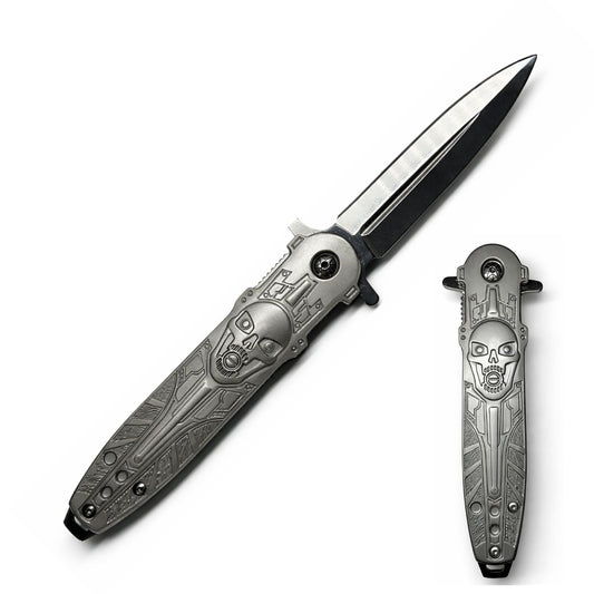 Navaja metálica plegable con diseño de calavera, clip y bloqueo