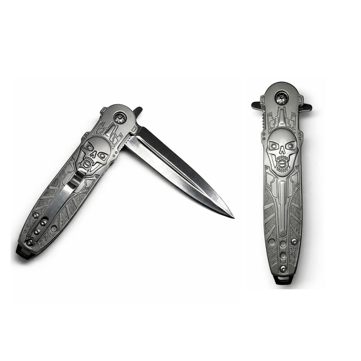 Navaja metálica plegable con diseño de calavera, clip y bloqueo - foto 2